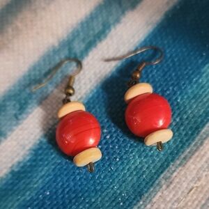 Red and Cream Beaded Earrings
